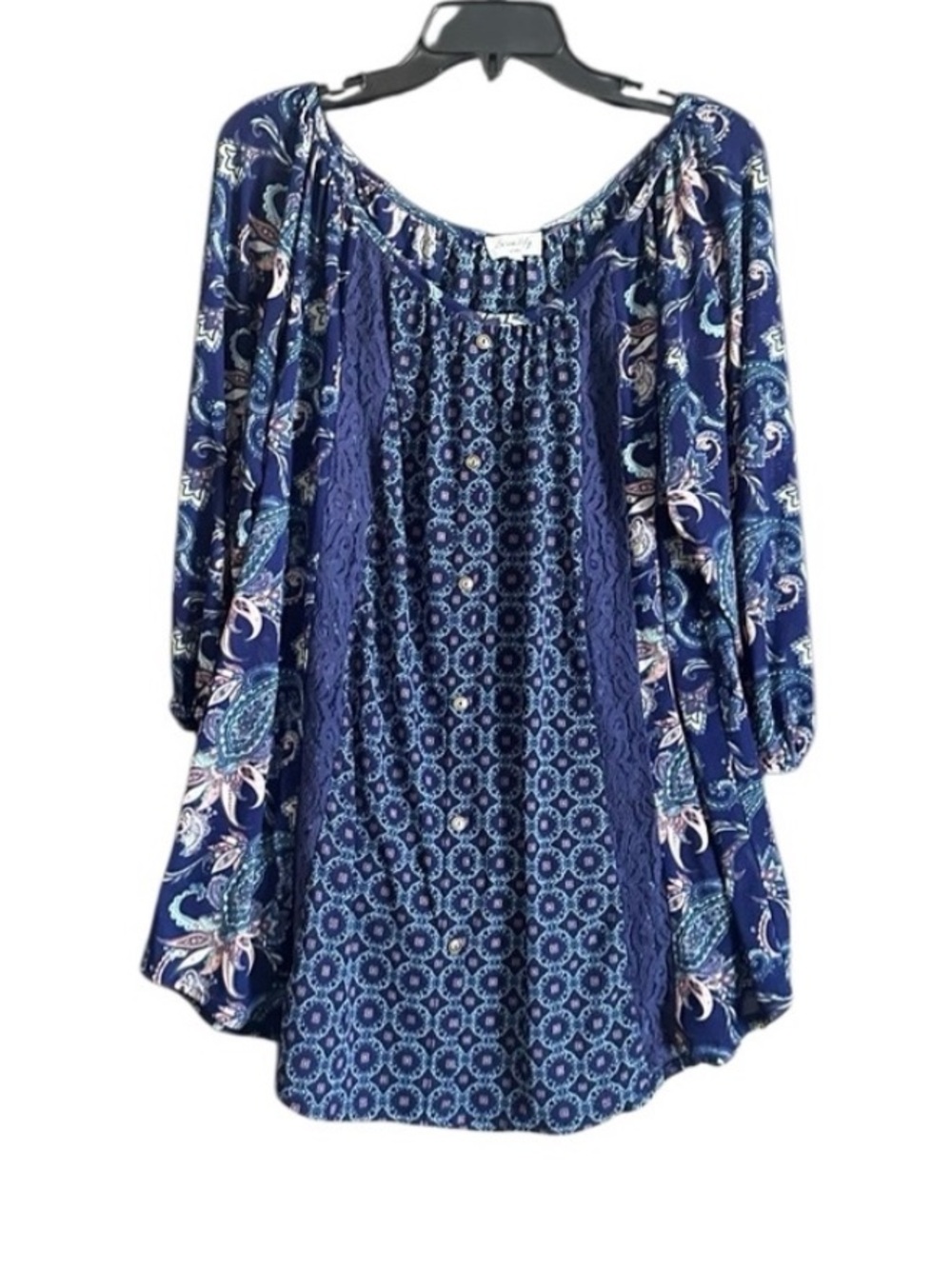 Siren Lily Boho Printed Navy Lace Accent Peasant Blouse - Women's Top. 3X